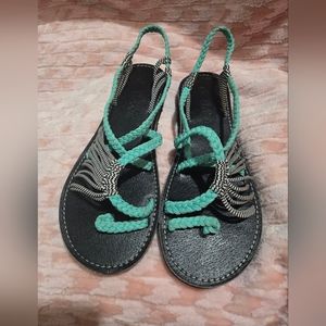Plaka Palm Leaf & Ocean Side Flat Summer Sandals Turquoise Gray Size 9